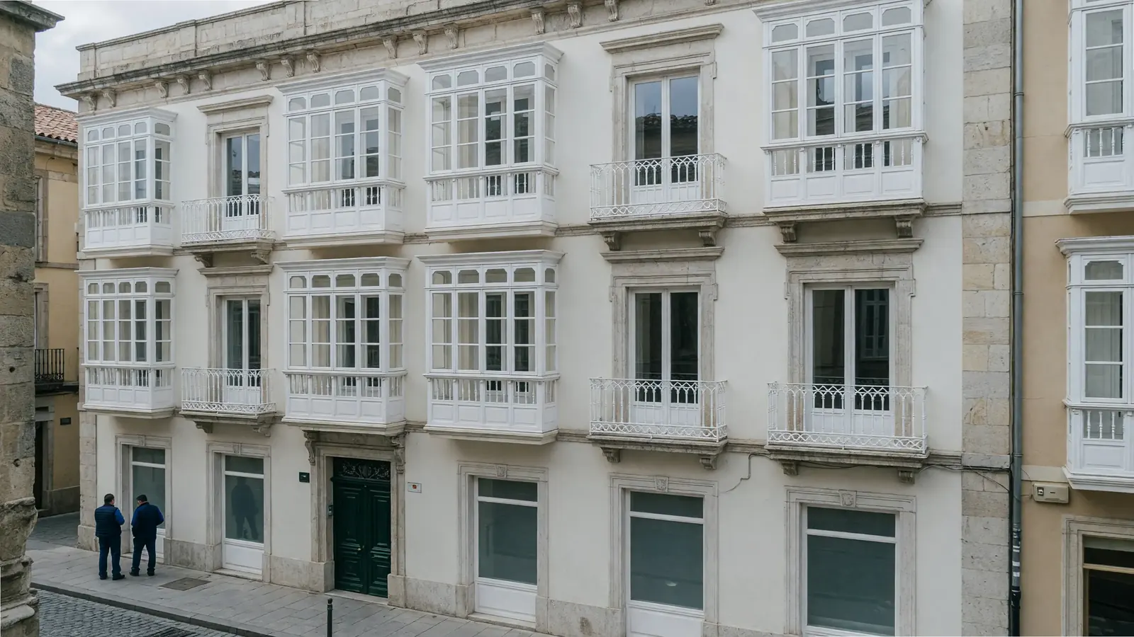 Fachada tradicional de Santander con galerías, donde el aire acondicionado se instala sin unidad exterior a la vista