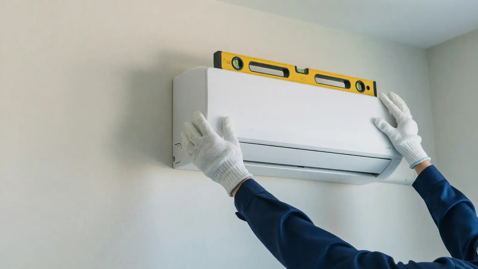 Instalador nivelando la unidad interior de un split de aire acondicionado en la pared