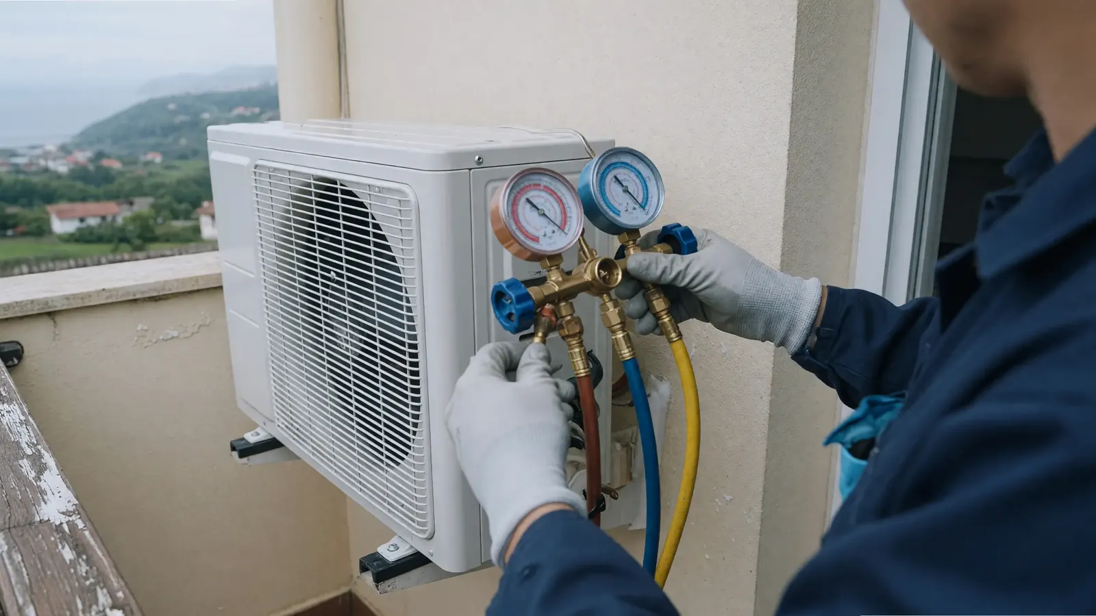 Reparación de aire acondicionado: técnico midiendo la presión del gas con manómetros en la unidad exterior