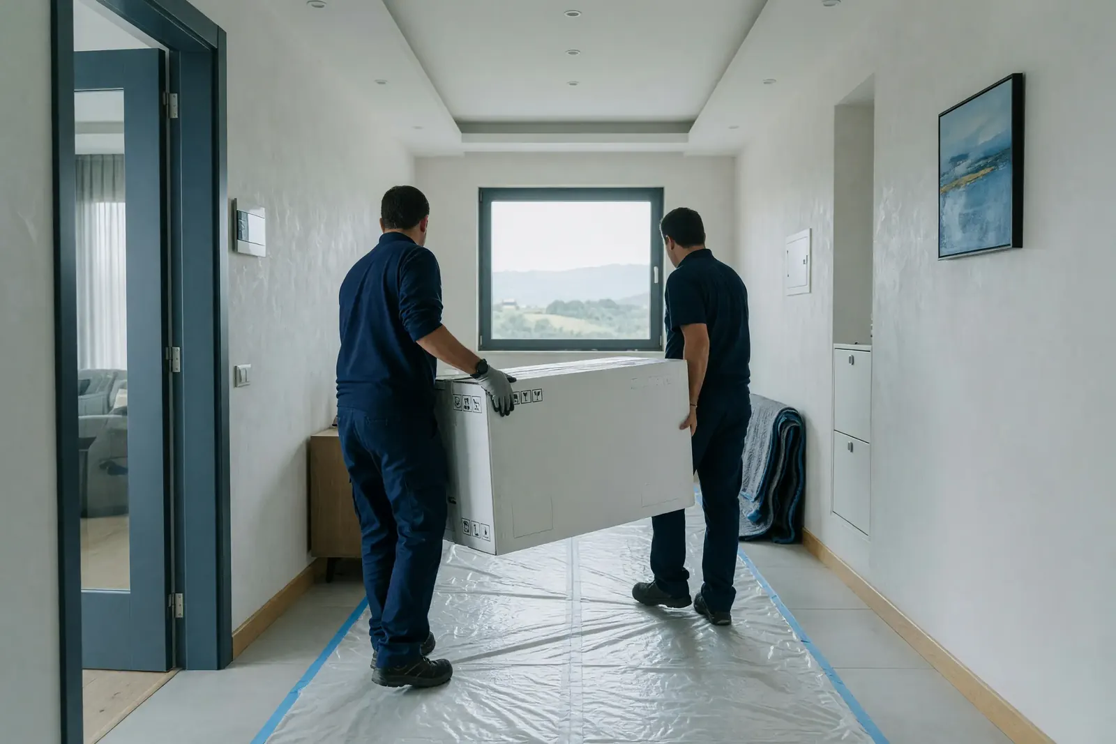 Instaladores entrando un equipo de aire acondicionado en una vivienda con el suelo protegido