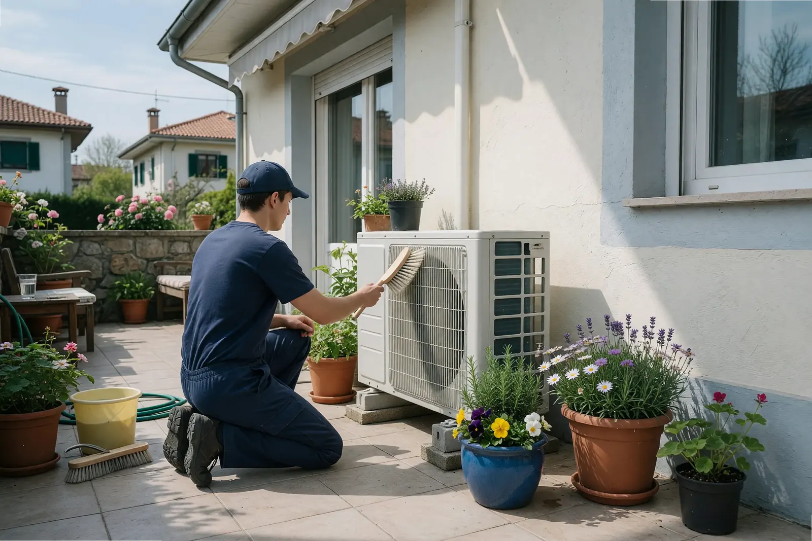 Mantenimiento de aire acondicionado: limpieza de la unidad exterior en el patio de una casa