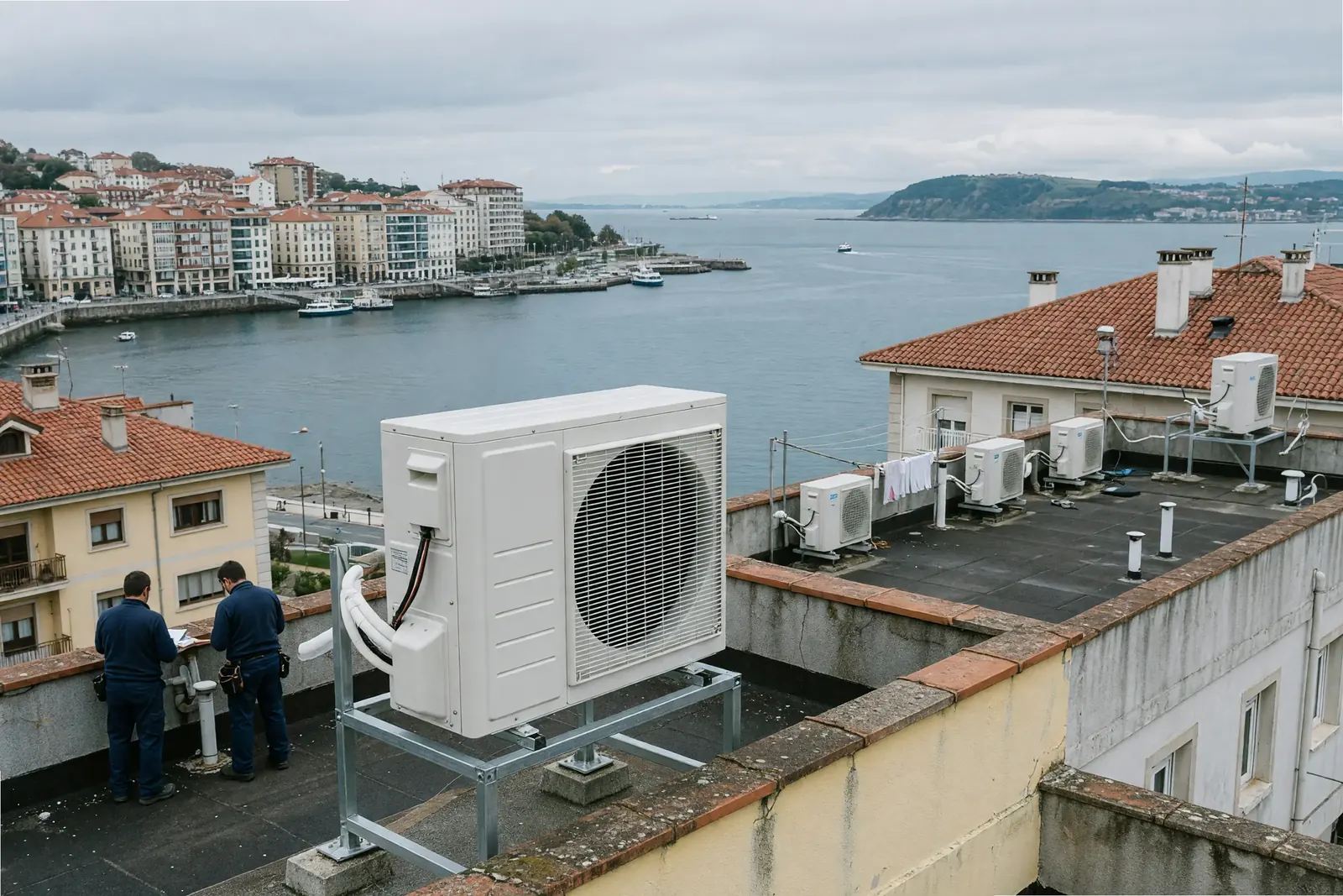 Unidad exterior de aire acondicionado colocada en la cubierta del edificio, fuera de la fachada